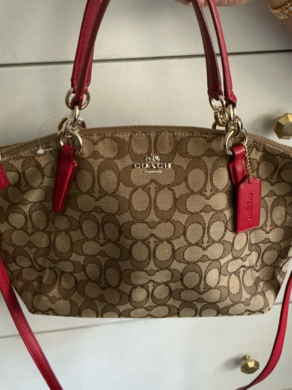 Coach Tan Signature Canvas Satchel with Pink Leather Trim